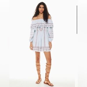Aritzia Light Blue Off-Shoulder Embroidered Mini Dress